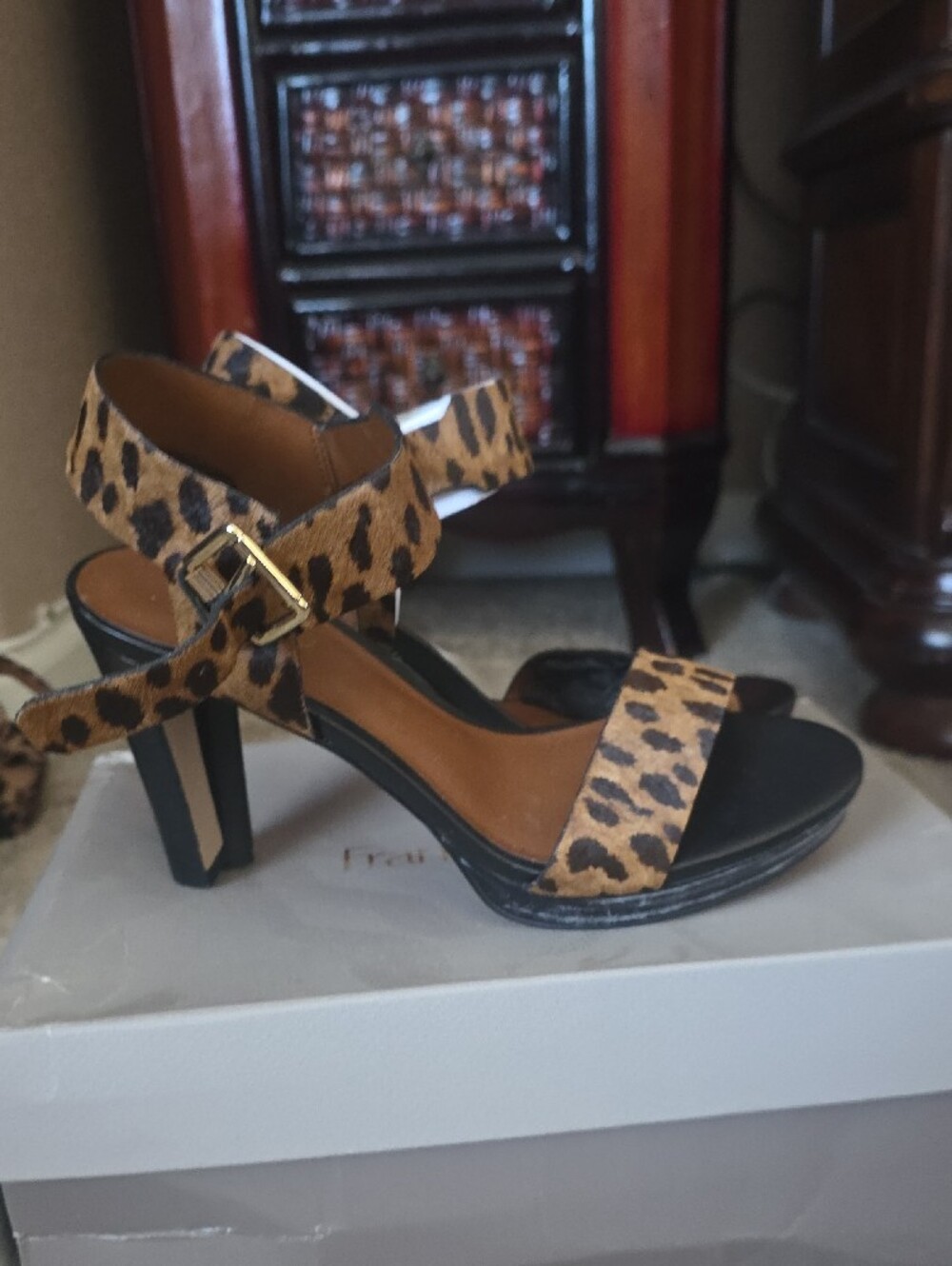 Franco Sarto Leopard Print Ankle-Strap Heels - Black & Tan - Picture 2 of 5